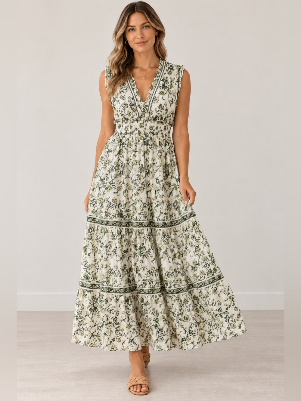 Max Studio Small Floral Botanical Tiered Maxi Dress Smocked Waist Cotton